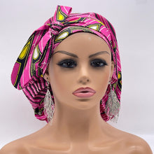 Load image into Gallery viewer, Ponytail PONY SCRUB CAP, pink and yellow Ankara cotton fabric surgical scrub hat nursing caps, satin lining option for locs /Long Hair