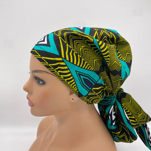 Ponytail Ankara PONY SCRUB CAP, cotton fabric surgical scrub hat pony nursing caps and satin lining option for locs, braid, long hair