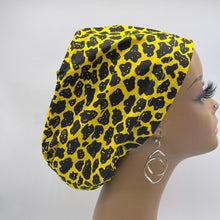 Load image into Gallery viewer, Niceroy Surgical SCRUB CAP Yellow black Ankara Europe style nursing caps cotton African print fabric and satin lining option.