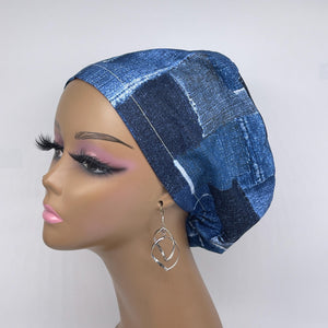 Niceroy Satin Lined SCRUB HAT CAP, soft cotton jeans print fabric Europe Euro style nursing caps, healthcare hats protective hair covers, nurse gift.
