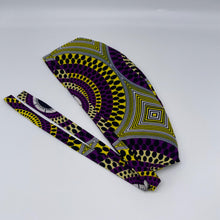 Load image into Gallery viewer, Purple and yellow unisex pixie Men surgical SCRUB HAT CAP, nursing caps, tie back cap, satin lining option African print men scrub cap