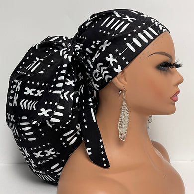 2XL JUMBO PONY SCRUB Cap, Black/White cotton fabric surgical nursing hat satin lining option for Extra long/thick Hair/Locs