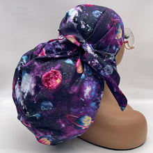 Load image into Gallery viewer, 2XL JUMBO PONY SCRUB Cap, purple solar system fabric surgical nursing hat satin lining option for Extra long/thick Hair/Loc