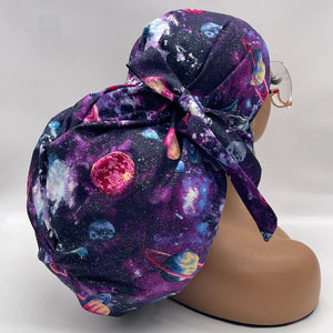 2XL JUMBO PONY SCRUB Cap, purple solar system fabric surgical nursing hat satin lining option for Extra long/thick Hair/Loc
