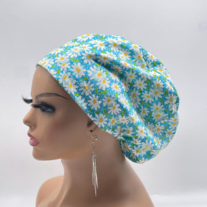 Niceroy Satin Lined Surgical SCRUB CAP sea foam blue white daisies floral Europe style nursing caps fabric and