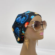 Load image into Gallery viewer, Adjustable surgical OR SCRUB CAP, Solar System night sky Europe style Summer nursing caps  and satin lining option.