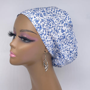 Niceroy Satin Lined SCRUB HAT CAP, Blue and white floral fabric Europe Euro style nursing caps, healthcare hats protective hair covers, nurse gift.