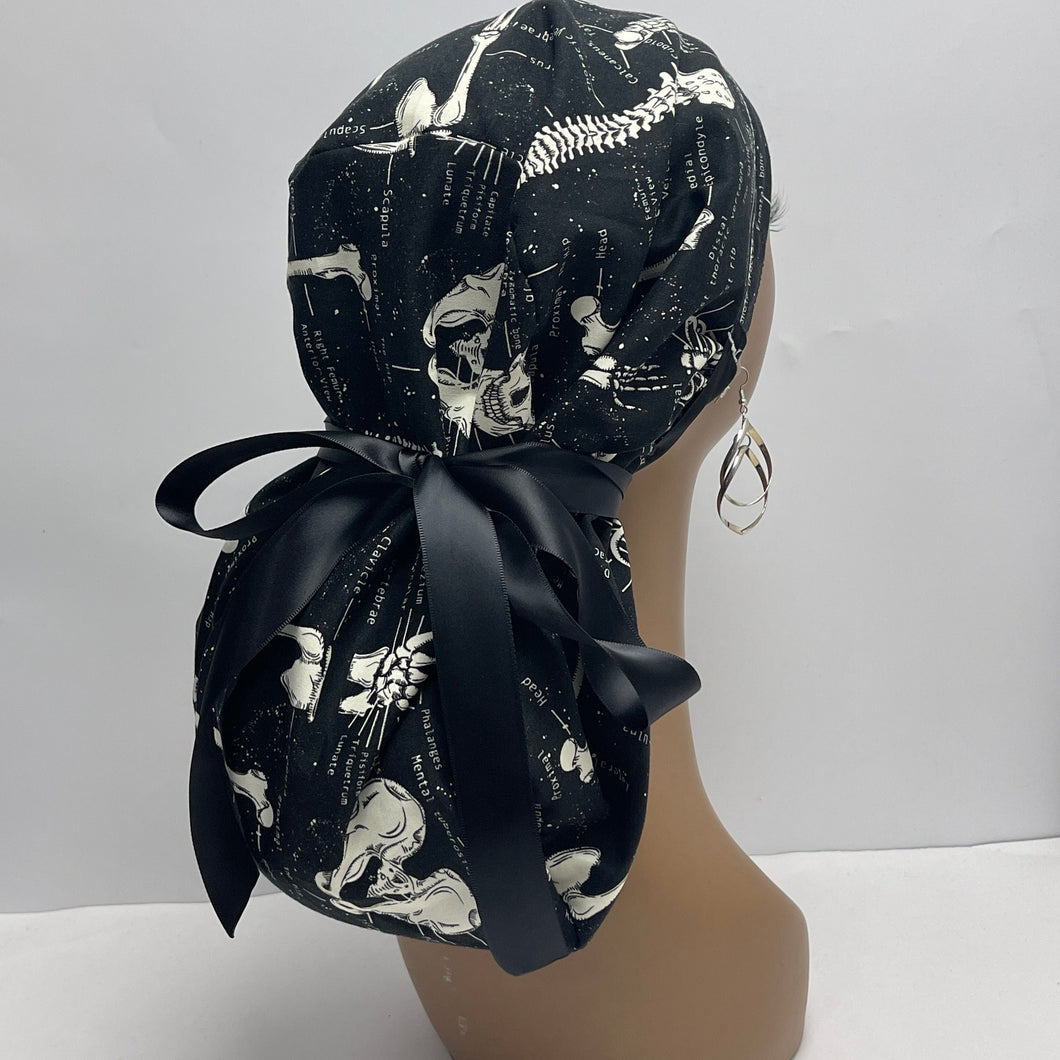 Adjustable PONY SCRUB CAP, labeled skeleton glow in the dark cotton fabric surgical scrub hat, satin lining option for Long Hair