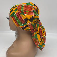 Load image into Gallery viewer, Ponytail Ankara PONY SCRUB CAP, Kente cotton fabric surgical scrub hat pony nursing caps and satin lining option for locs /Long Hair