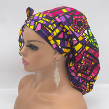 Load image into Gallery viewer, Ponytail PONY SCRUB CAP, multi colored geometric surgical scrub hat pony nursing caps and satin lining option for locs /Long Hair