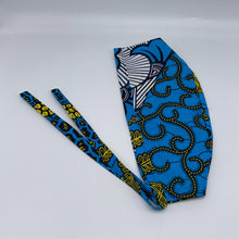 Load image into Gallery viewer, Blue yellow and white unisex pixie Men surgical SCRUB HAT CAP, nursing caps, tie back cap, satin lining option African print hat
