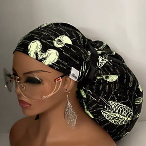 2XL JUMBO PONY SCRUB Cap, Black white glow in the dark skeleton cotton fabric surgical hat satin for Extra long/thick Hair/Locs