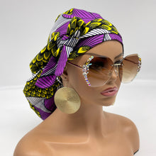 Load image into Gallery viewer, Ponytail PONY SCRUB CAP, purple and yellow Ankara cotton fabric surgical scrub hat nursing caps, satin lining option for locs/Long Hair