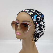 Load image into Gallery viewer, Niceroy Satin LinedSurgical SCRUB HAT CAP, Black  Europe style Dog cotton print fabric Euro hat multicolored .