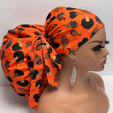 Load image into Gallery viewer, 2XL JUMBO PONY SCRUB Cap, earth orange black women fabric surgical nursing hat satin lining option for Extra long/thick Hair/Locs