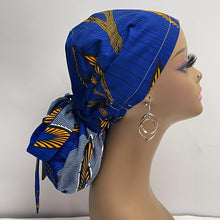 Load image into Gallery viewer, Ponytail SCRUB CAP Royal blue and yellow cotton fabric surgical scrub hat nursing caps, satin lining option for long hair