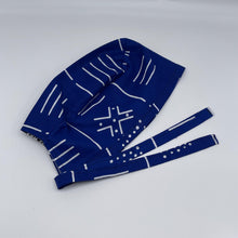Load image into Gallery viewer, Royal blue and white unisex pixie Men surgical SCRUB HAT CAP, nursing caps, tie back cap, satin lining option African print men scrub cap