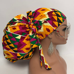 2XL JUMBO PONY SCRUB Cap, Multicolored Kente Tribal cotton fabric surgical nursing hat for Extra long/thick Hair/Locs