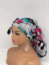 Load image into Gallery viewer, Ponytail Ankara PONY SCRUB CAP, cotton fabric surgical scrub hat pony nursing caps and satin lining option for locs /Long Hair Bonnet