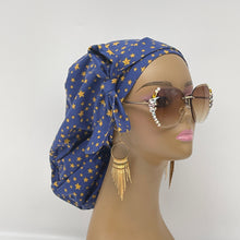 Load image into Gallery viewer, Ponytail Ankara PONY SCRUB CAP, Navy blue Gold stars cotton fabric surgical scrub hat, pony nursing caps for locs, braid, long hair