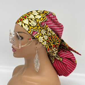 Ponytail Satin Lined PONY SCRUB CAP, Pink Yellow Gold off white Ankara fabric surgical scrub hat  nursing caps for locs/Long Hair