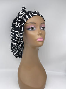 Ponytail PONY SCRUB CAP, black White Ankara cotton fabric surgical scrub hat nursing caps, satin lining option for locs/Long Hair