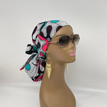 Load image into Gallery viewer, Ponytail Ankara PONY SCRUB CAP, cotton fabric surgical scrub hat pony nursing caps and satin lining option for locs /Long Hair Bonnet