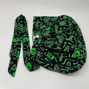 Ponytail PONY SCRUB CAP,  green skeleton glow in the dark cotton Halloween fabric surgical scrub hat, satin lining option for Long Hair