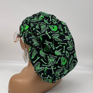 Ponytail PONY SCRUB CAP,  green skeleton glow in the dark cotton Halloween fabric surgical scrub hat, satin lining option for Long Hair