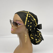 Load image into Gallery viewer, Ponytail PONY SCRUB CAP, black and metallic gold stars cotton fabric surgical scrub hat nursing caps, satin lining option for long hair