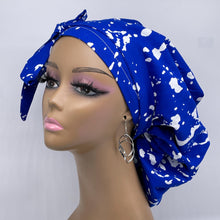 Load image into Gallery viewer, Ponytail hat PONY SCRUB CAP, royal blue white surgical scrub hat pony nursing caps and satin lining option for locs, braid, long hair