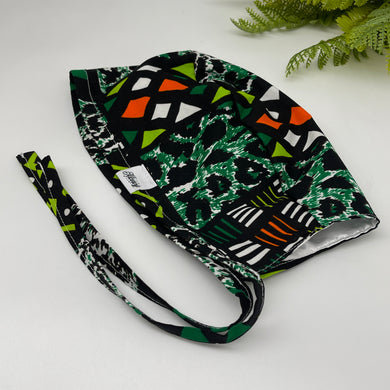 Niceroy MEN unisex pixie surgical SCRUB HAT Cap, nursing caps, tie back cap, satin lining option green cotton print