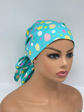 Load image into Gallery viewer, Ponytail PONY SCRUB CAP, Easter fabric surgical scrub hat nursing caps with satin lining for locs /Long Hair, Easter nurse Gift