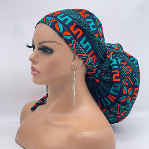 2XL JUMBO PONY Scrub Cap, Black teal orange surgical nursing hat and satin lining option for Extra long/thick Hair/Locs