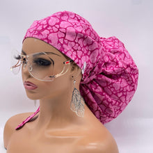 Load image into Gallery viewer, 2XL JUMBO PONY SCRUB Cap pink hearts Valentine cotton fabric surgical nursing hat satin lining option for Extra long/thick Hair/Locs