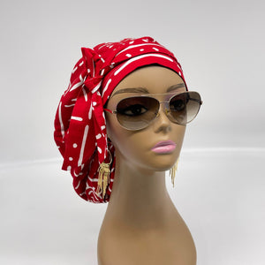 Ponytail PONY SCRUB CAP, Red and White Ankara cotton fabric surgical scrub hat pony nursing caps, satin lining option for locs/Long Hair