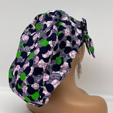 Load image into Gallery viewer, Adjustable Satin Lined PONY SCRUB CAP, Green Purple Black Ankara cotton fabric surgical scrub hat ponytail nursing caps for locs/Long Hair