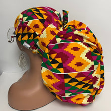 Load image into Gallery viewer, 2XL JUMBO PONY SCRUB Cap, Multicolored Kente Tribal cotton fabric surgical nursing hat for Extra long/thick Hair/Locs