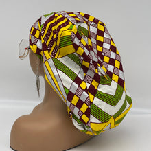 Load image into Gallery viewer, Ponytail Satin Lined PONY SCRUB CAP, Green Yellow maroon Ankara fabric surgical scrub hat  nursing caps for locs/Long Hai