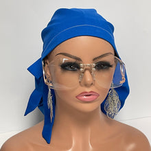 Load image into Gallery viewer, 2XL JUMBO PONY SCRUB Cap, Solid Royal Blue cotton fabric surgical nursing hat satin lining option for Extra long/thick Hair/Locs