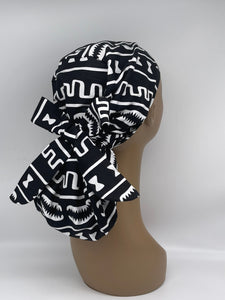 Adjustable Ankara PONY SCRUB CAP, black and white cotton fabric surgical scrub hat nursing caps and satin lining option for locs /Long Hair