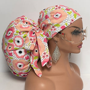 2XL JUMBO PONY SCRUB Cap, baby pink green off white cotton fabric surgical nursing hat satin lining option for Extra long Hair