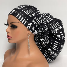 Load image into Gallery viewer, 2XL JUMBO PONY SCRUB Cap, Black/White cotton fabric surgical nursing hat satin lining option for Extra long/thick Hair/Locs