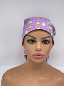 Ponytail PONY SCRUB CAP, Easter fabric surgical scrub hat nursing caps with satin lining for locs /Long Hair, Easter nurse Gift