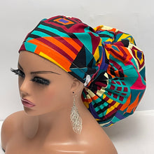 Load image into Gallery viewer, 2XL JUMBO PONY SCRUB Cap, Geometric cotton fabric surgical nursing hat satin lining option for Extra long/thick Hair/Locs