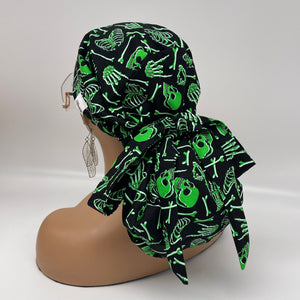 Ponytail PONY SCRUB CAP,  green skeleton glow in the dark cotton Halloween fabric surgical scrub hat, satin lining option for Long Hair