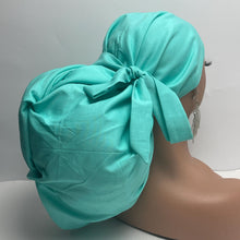 Load image into Gallery viewer, 2XL JUMBO PONY SCRUB light teal solid cotton fabric surgical nursing hat satin lining option for Extra long/thick Hair/Locs