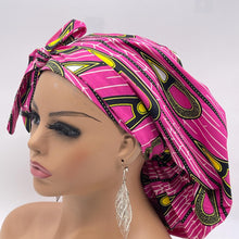 Load image into Gallery viewer, Ponytail PONY SCRUB CAP, pink and yellow Ankara cotton fabric surgical scrub hat nursing caps, satin lining option for locs /Long Hair