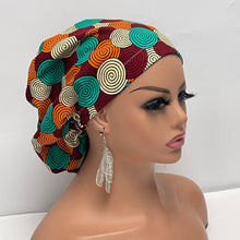 Load image into Gallery viewer, Niceroy Satin Lined Surgical SCRUB CAP Teal Cream maroon Orange Ankara Europe style nursing caps African print fabric and .