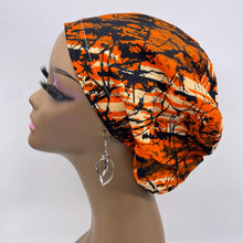 Load image into Gallery viewer, Niceroy Satin Lined surgical SCRUB HAT CAP, Orange Black Fall Europe Euro style nursing caps, healthcare hats protective hair covers, nurse gift.